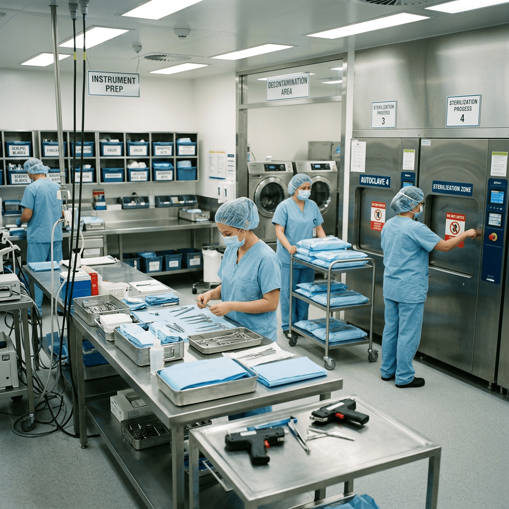 Healthcare workers in scrubs and masks preparing and sterilizing surgical instruments