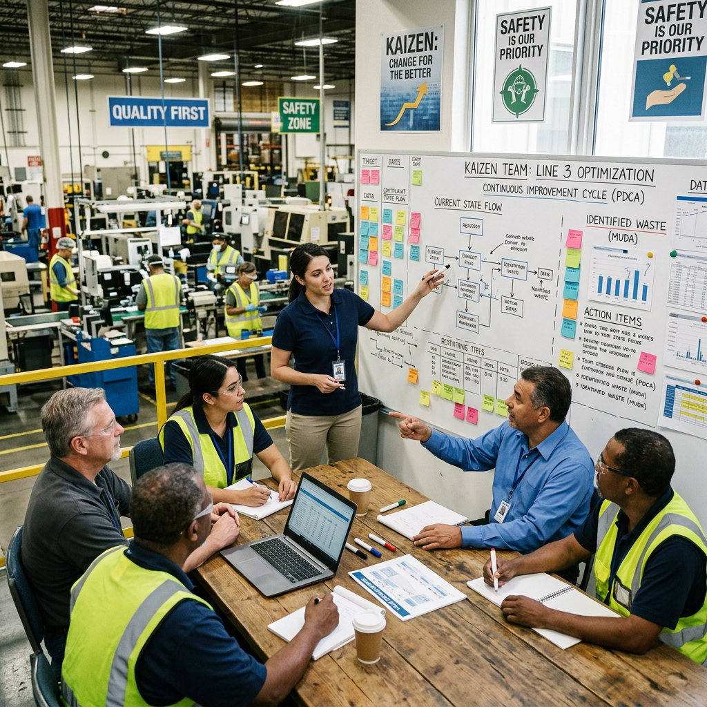 Team meeting in manufacturing facility discussing Kaizen process improvement on whiteboard