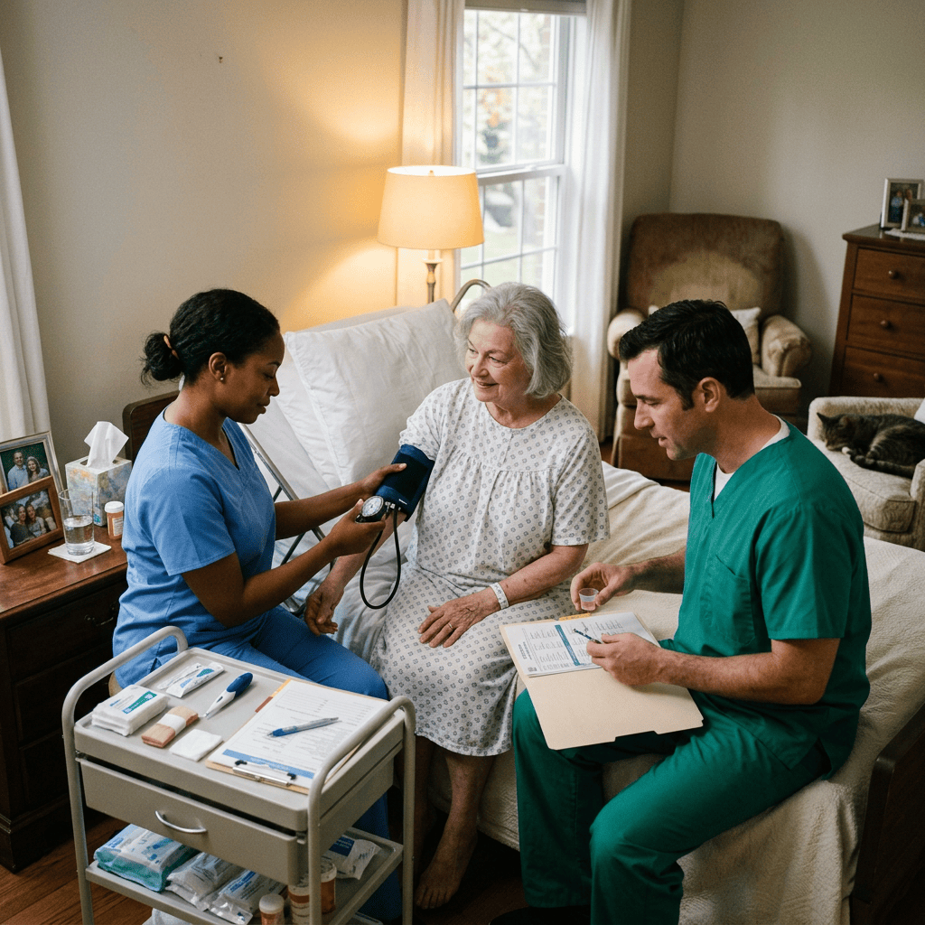Nurse measuring blood pressure of elderly woman sitting on bed with doctor reviewing documents
